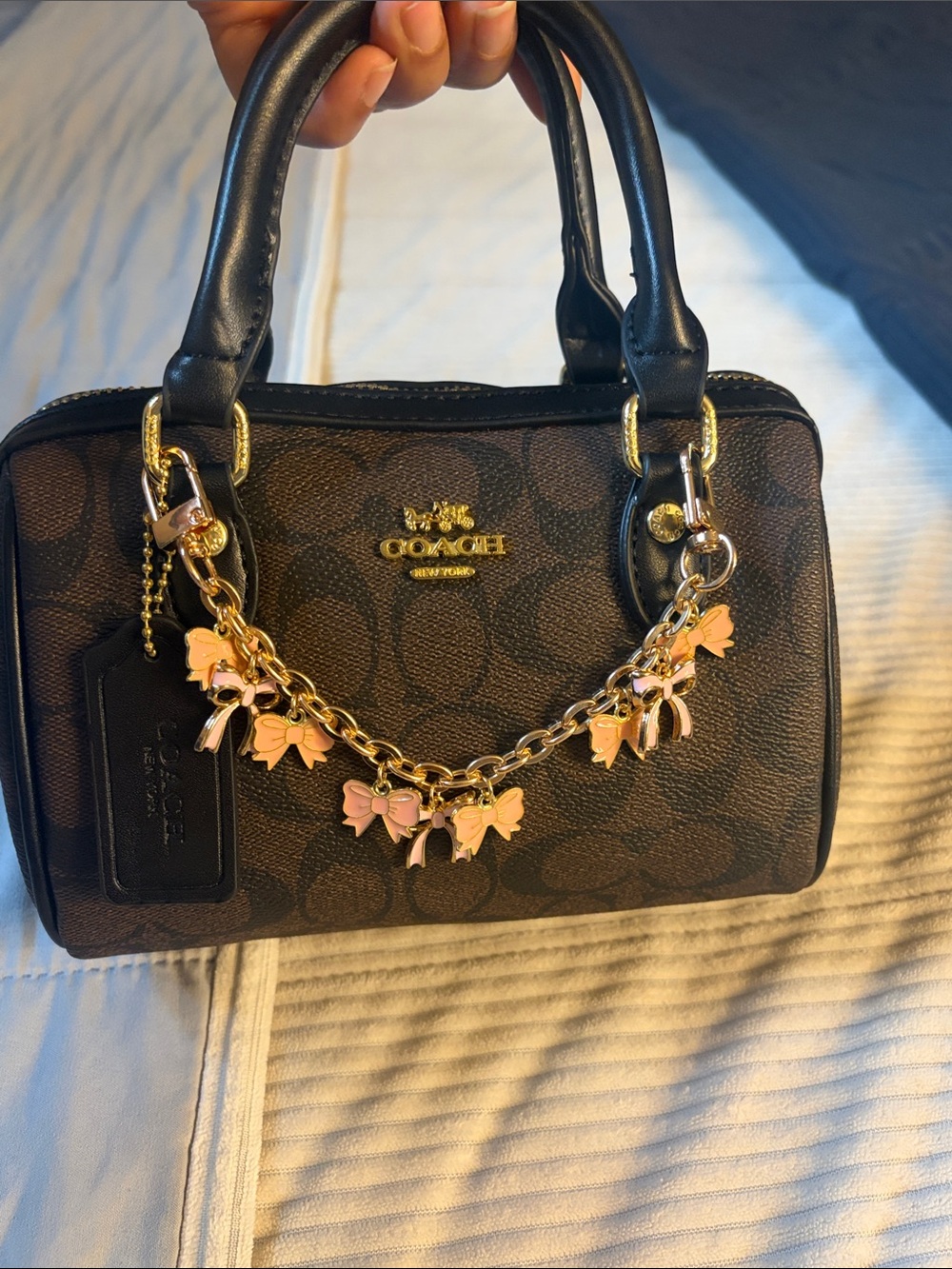 Coach Brown Signature Mini Satchel with Pink Bow Charm Chain